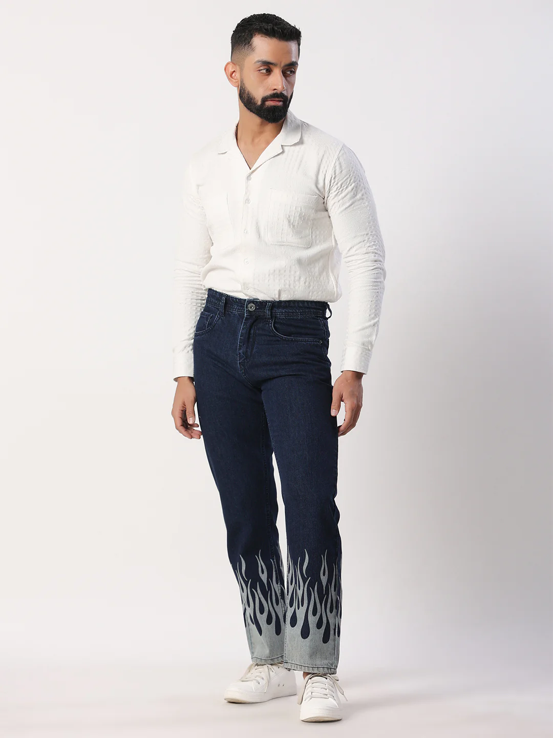 Blue Flame Printed Straight Fit Denim Jeans & pants
