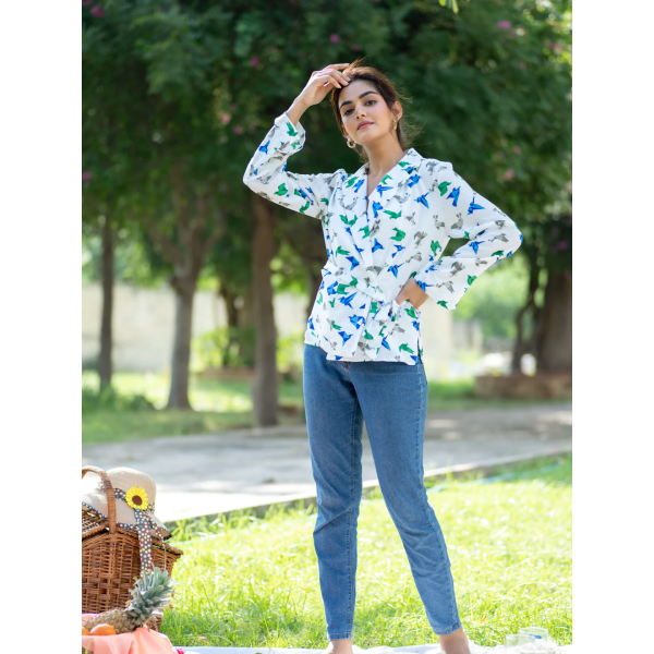Origami Print Kimono Shirt With Belt For Women