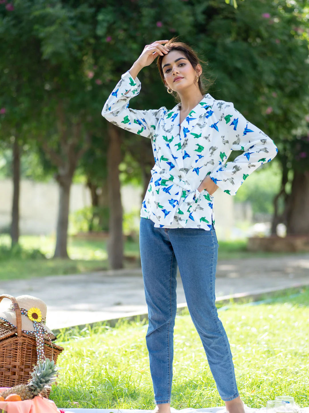 Origami Print Kimono Shirt With Belt For Women