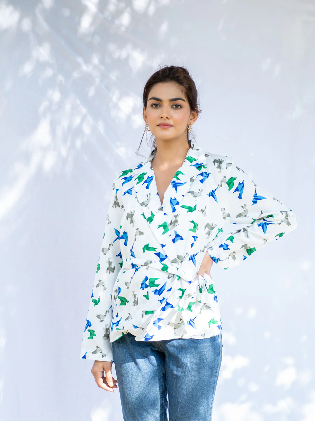 Origami Print Kimono Shirt With Belt For Women - Image 3