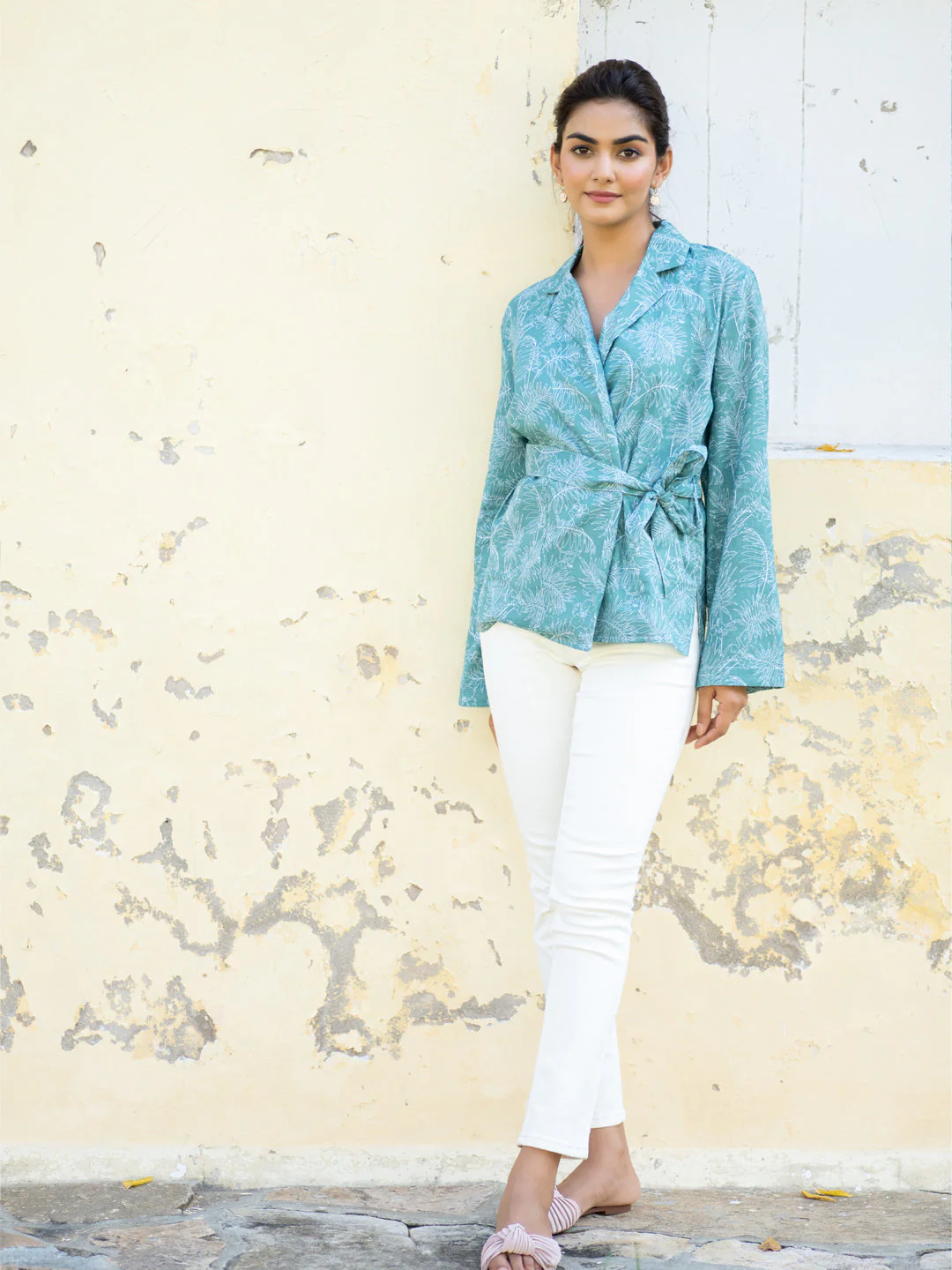 Palm Green Kimono Style Cotton Shirt With Belt For Women