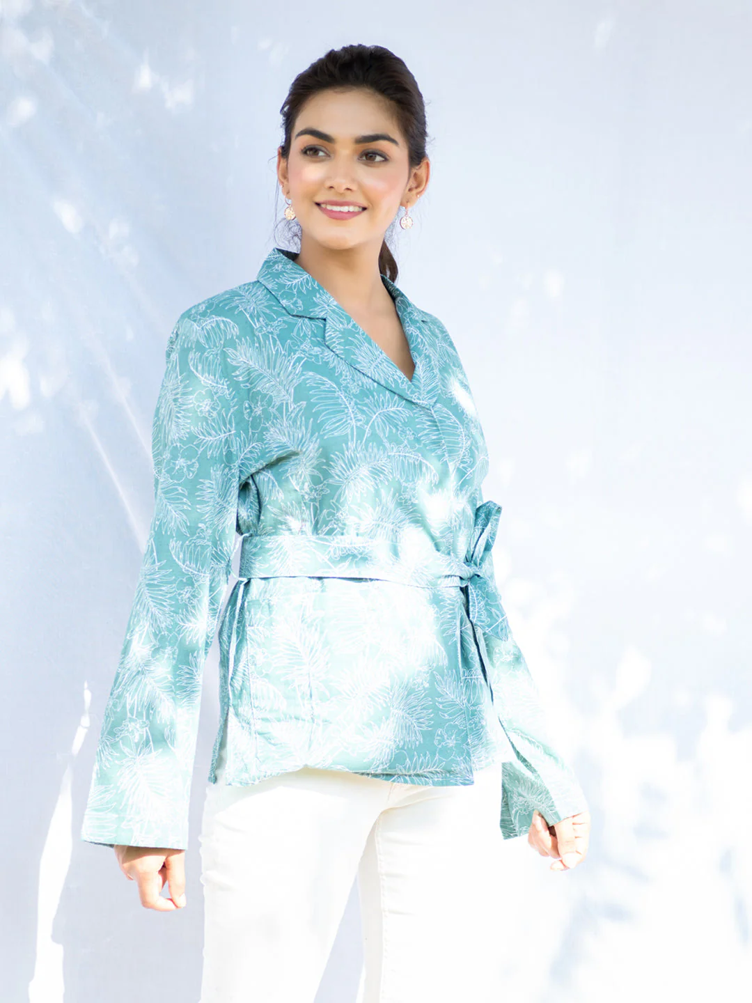 Palm Green Kimono Style Cotton Shirt With Belt For Women - Image 3